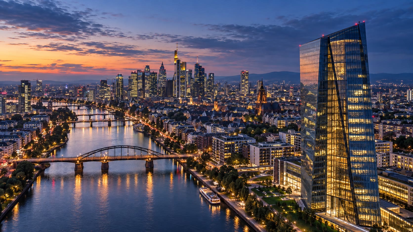 Frankfurt at dusk, the river and the skyline.