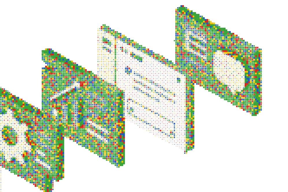 Isometric pixel-art panels with interface screens, a gear and a chat bubble